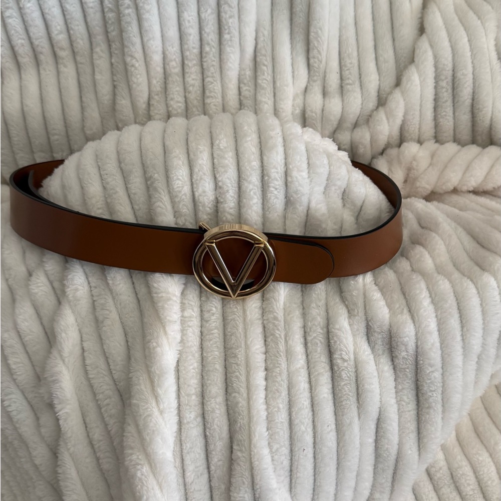 Valentino Garavani Brown Leather Belt with Gold V Buckle